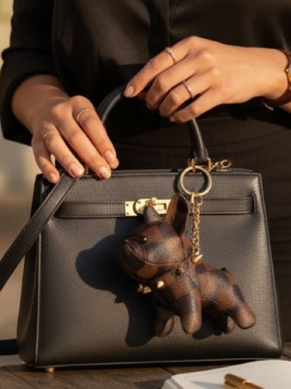 Designer Monogram gold tone Brown Faux-Leather Dog bag charm keychain key holder